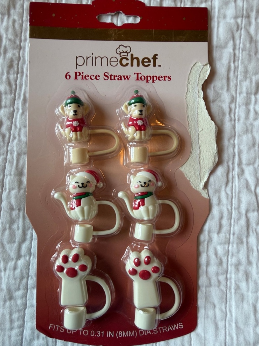 ✅PrimeChef Holiday Cat, Dog & Paw & Straw Toppers - White/Red (6 Piece) Cute!